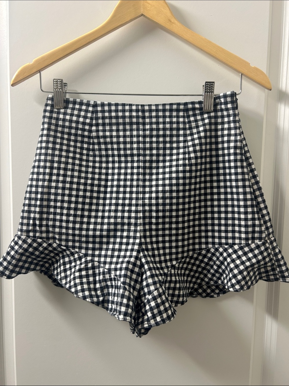Zara Black & White Gingham Ruffle-Hem High Waist Shorts